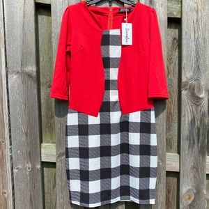 NWT Red White & Black Buffalo Plaid Bodycon Layered look Dress 3/4 Sleeve